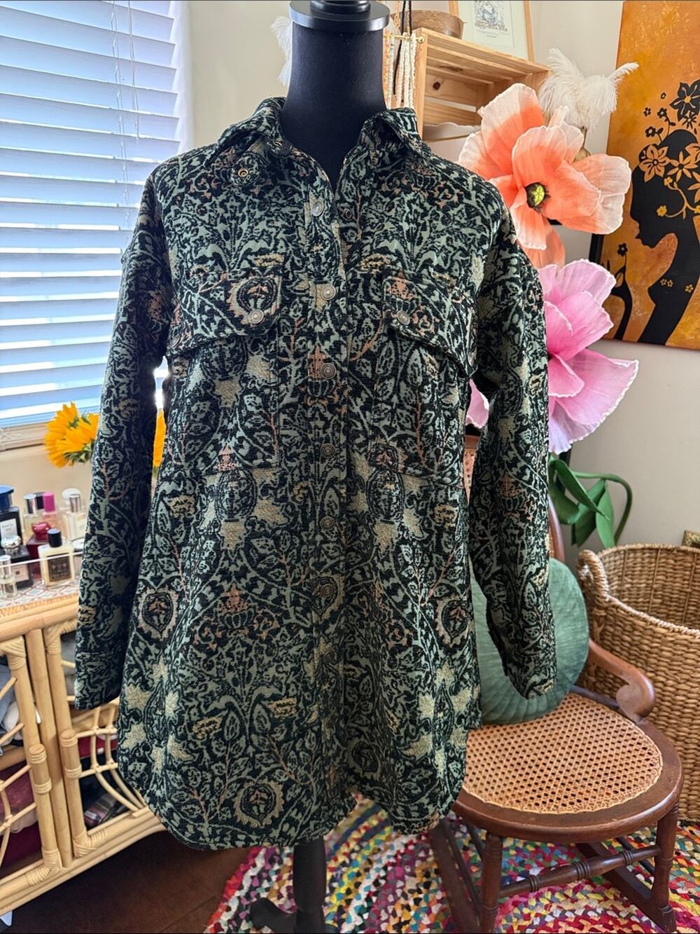 Free People We The Free Tapestry Fog Jacquard Snap Up Boho Hippie Shacket